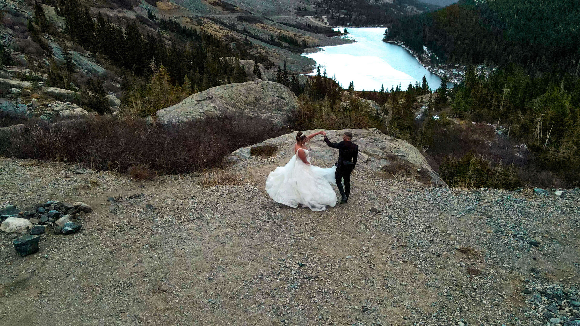 Drone aerial of a wedding ceremony location, Motus Weddings